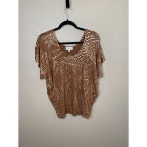 Kim & Cami Womens Brown & Gold Leaf Print Loose Fit Top Medium rayon boat neck